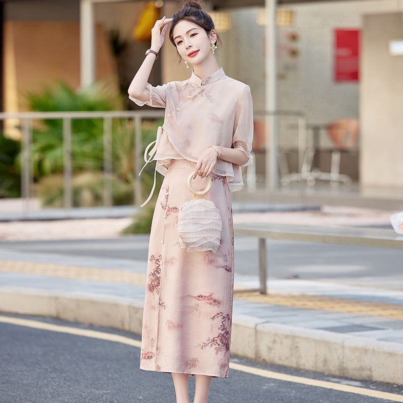 新中式国风吊带连衣裙两件套，改良旗袍裙套装HR-HMG2839