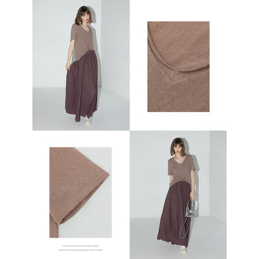 COCOBELLA侘寂风竹节棉短袖T恤基础款V领随性毛边上衣TS7017 商品图2