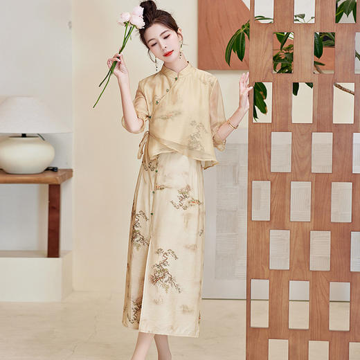 新中式国风吊带连衣裙两件套，改良旗袍裙套装HR-HMG2839 商品图3
