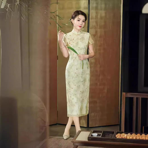 新中式改良旗袍裙绿色花纹开衩连衣裙GSJ880 商品图2