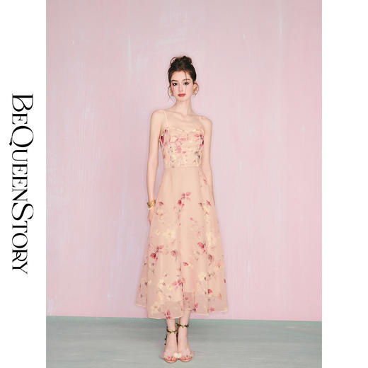 BeQueenStory【盛夏繁音】优雅复古气质收腰显瘦带胸垫吊带印花裙 商品图4