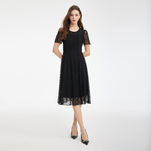 PF885斯尔丽2024新款蕾丝竖条拼接雪纺显瘦收腰放摆法式浪漫通勤连衣裙 商品图3