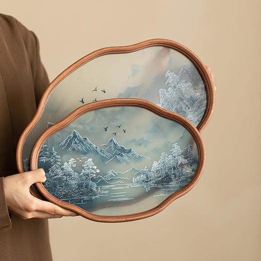 【复古新中式山水竹制玻璃茶盘】竹制海棠玻璃茶盘家用喝茶，多功能茶盘茶具托盘甜品摆盘水果盘，轻奢放茶杯水杯托高端摆盘QQ 商品图0