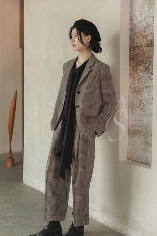 Margaret Howell  卡其色FOX BROTHERS威尔士格纹羊毛深褶裤 商品图3