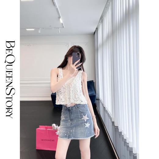 BeQueenStory【星空骑士】重工渐变烫钻星星印胶水洗牛仔半裙 商品图3