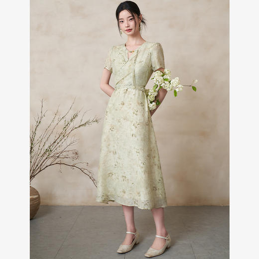 新中式国风肌理感竹叶印花连衣裙女夏季薄荷曼波清冷长裙V1841641 商品图1