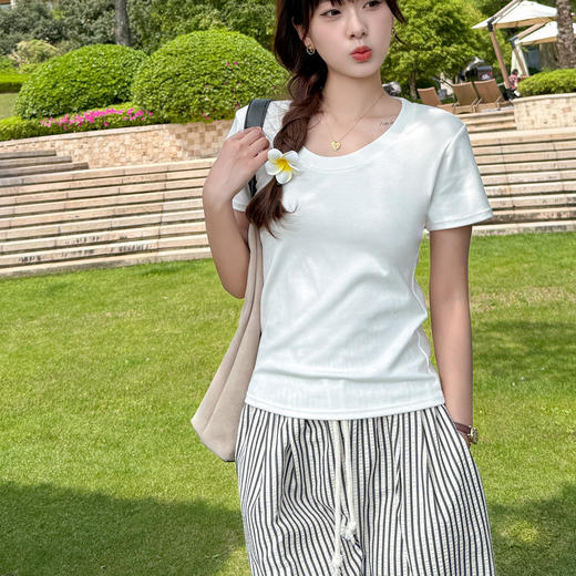 【纯棉大圆领正肩短袖】体t恤女装 春夏季简约百搭 Ｔ恤修身打底衫上衣 商品图6