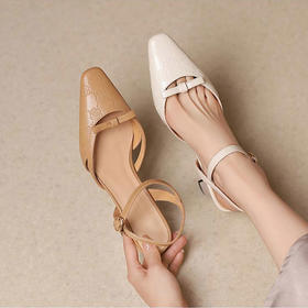 【单鞋】复古压花一字带真皮凉鞋女夏不掉跟法式小方头6.5CM