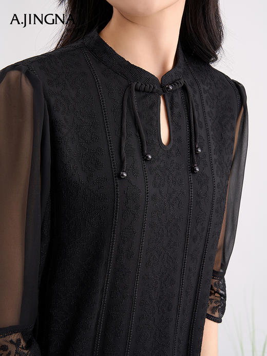 【国风刺绣】阿菁娜重工刺绣蕾丝防晒七分袖真丝连衣裙F29C212035 商品图3