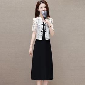 中式复古印花外套+内搭连衣裙套装QYM- LRX-AM2463-1-Y