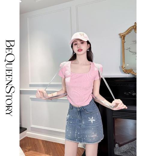 BeQueenStory【星空骑士】重工渐变烫钻星星印胶水洗牛仔半裙 商品图2