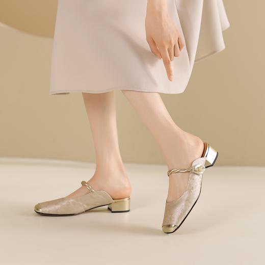 新中式真皮穆勒拖粗跟女3CM国风百搭包头拖夏季外穿 商品图1