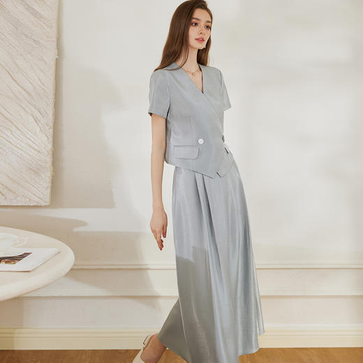 *【罗衣】高级亮丝修身套装夏季新款浅蓝色上衣半身裙两件套10550 商品图2