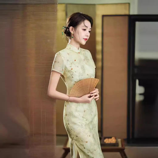 新中式改良旗袍裙绿色花纹开衩连衣裙GSJ880 商品图0