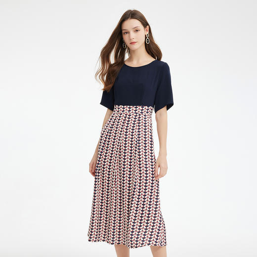 PF886斯尔丽2024新款法式优雅连衣裙撞色拼接印花设计感收腰连衣裙 商品图2