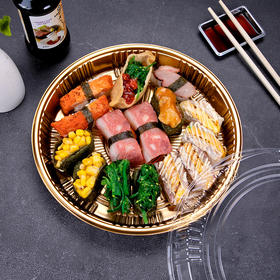 喇叭花圆形寿司盒寿喜锅拼盘海鲜烧鹅外带盒一次性外卖盒圆形刺身盒印花双层拼盘