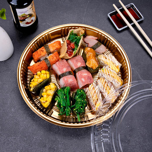 喇叭花圆形寿司盒寿喜锅拼盘海鲜烧鹅外带盒一次性外卖盒圆形刺身盒印花双层拼盘 商品图0