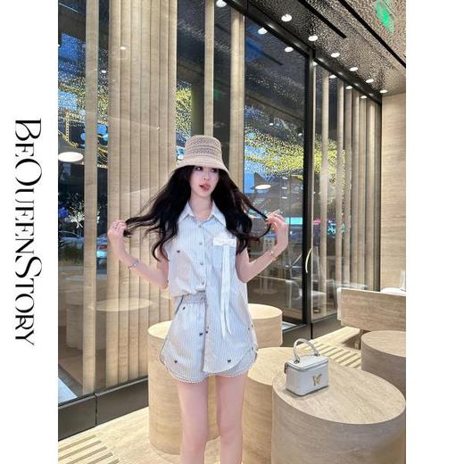 BeQueenStory【少女图鉴】海魂风条纹设计感蝴蝶结马甲休闲短裤套装 商品图2