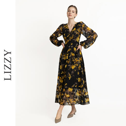 LIZZY 优雅浪漫印花V领灯笼长袖高腰大摆设计感连衣裙7919 商品图0
