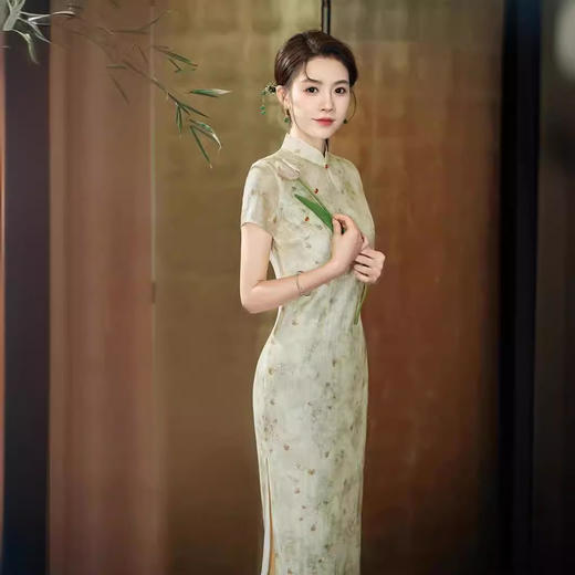 新中式改良旗袍裙绿色花纹开衩连衣裙GSJ880 商品图3