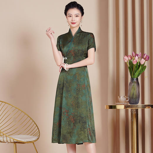 上海旗袍厂改良版墨绿色旗袍女2024新款夏季中长款日常可穿修身新中式连衣裙 商品图1