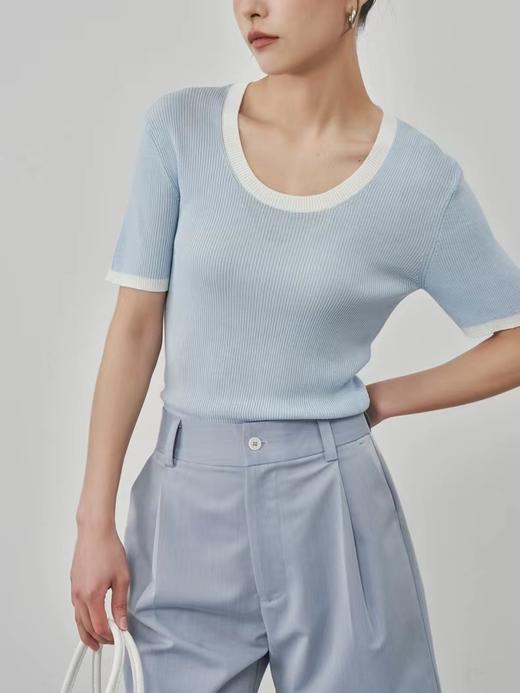 醋酸天丝桑蚕丝U领撞色短袖 针织T恤 修长的H版型 符合人体曲线 基础百搭 演绎张弛有度的曲线之美JZ2415 商品图1