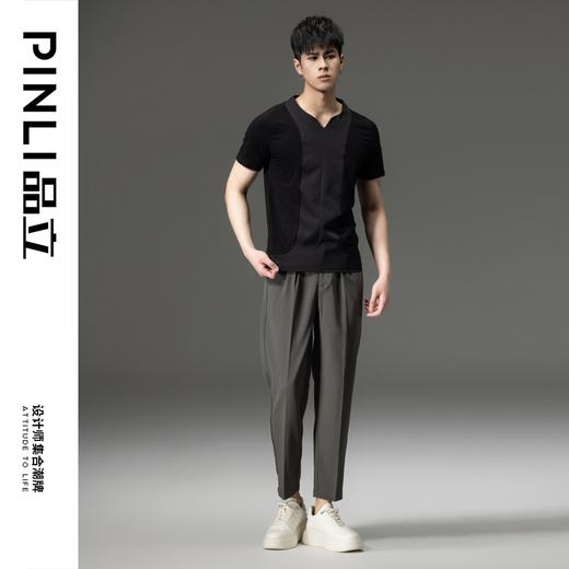 PINLI品立2024夏季新款修身V领短袖T恤拼接潮牌男士休闲体恤上衣B242111097 商品图1
