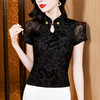 KQLE37M27652024夏新款复古国风百搭黑色植绒修身显瘦短袖网纱上衣t恤批发 商品缩略图0