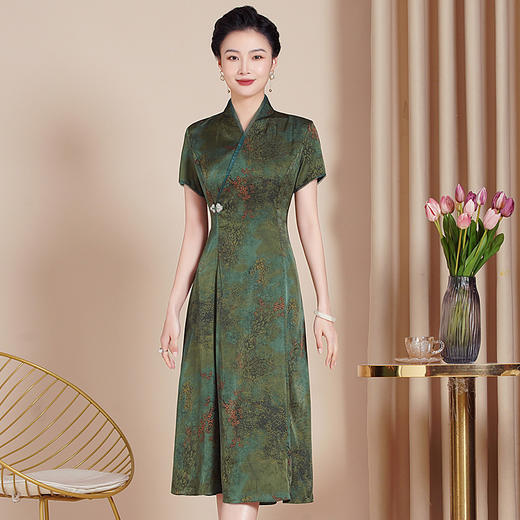 上海旗袍厂改良版墨绿色旗袍女2024新款夏季中长款日常可穿修身新中式连衣裙 商品图2