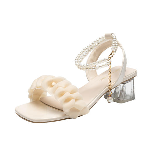 ZHR则则透明水晶粗跟凉鞋2024春夏款一字带法式珍珠高跟鞋配裙子 商品图4