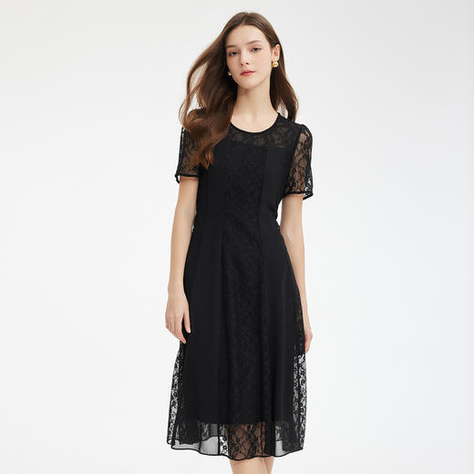 PF885斯尔丽2024新款蕾丝竖条拼接雪纺显瘦收腰放摆法式浪漫通勤连衣裙 商品图2