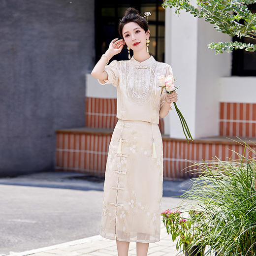 新中式改良旗袍裙，国风显瘦气质轻奢半身裙套装HR-CPYY8063 商品图1
