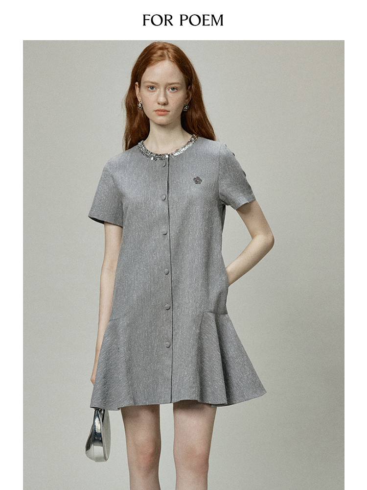 ForPoem 24/SS 花朵系列高级感气质亚麻亮片领口设计小香风连衣裙女夏