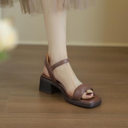 【单鞋】露趾一字带真皮粗跟凉鞋女夏软底复古风2024新款百搭 商品图2