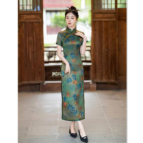 SKY58老上海复古民族风长款人丝宽边旗袍2024夏季新款改良中式绿色旗袍