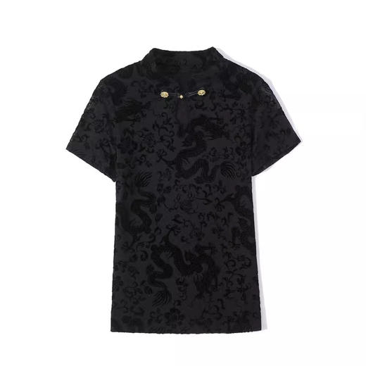 KQLE37M27652024夏新款复古国风百搭黑色植绒修身显瘦短袖网纱上衣t恤批发 商品图1