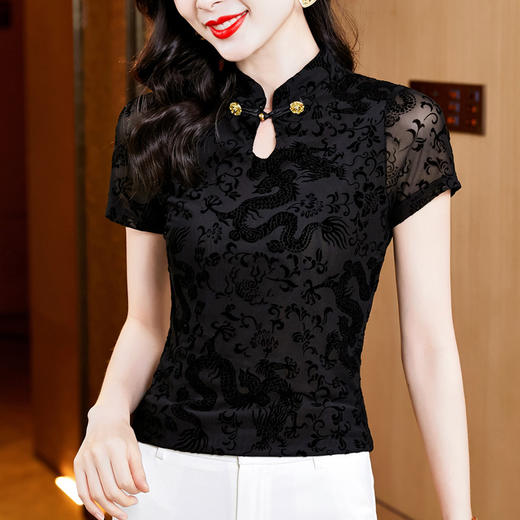 KQLE37M27652024夏新款复古国风百搭黑色植绒修身显瘦短袖网纱上衣t恤批发 商品图2