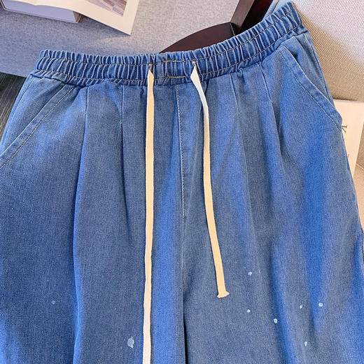 【大码直筒牛仔裤】胖mm夏新款 不规则波点印花 显瘦高腰阔腿裤 商品图2