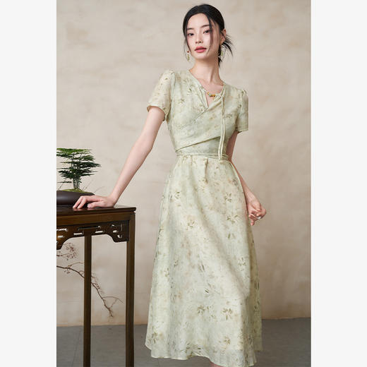 新中式国风肌理感竹叶印花连衣裙女夏季薄荷曼波清冷长裙V1841641 商品图3