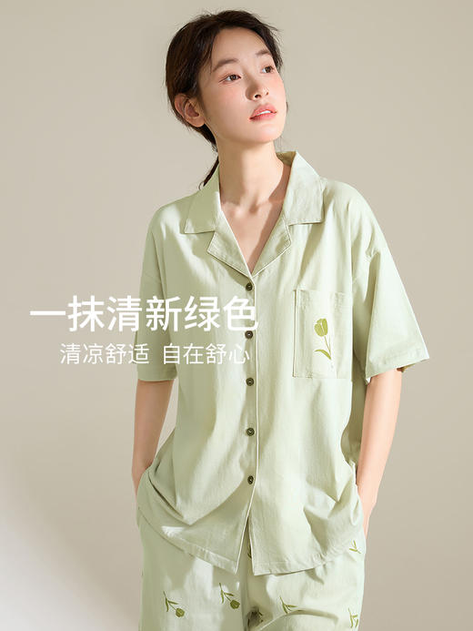 康妮雅女式短袖袖中裤开襟套装 商品图1