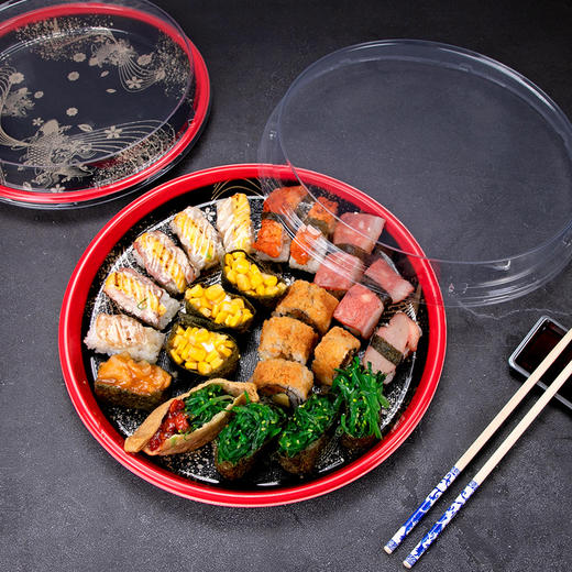 喇叭花圆形寿司盒寿喜锅拼盘海鲜烧鹅外带盒一次性外卖盒圆形刺身盒印花双层拼盘 商品图2