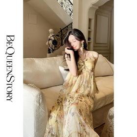 BeQueenStory【銮金花事】复古印花亮丝绉吊带上衣&伞摆半裙套装