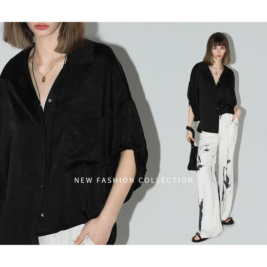 COCOBELLA新中式褶皱缎面抽绳蝙蝠袖衬衫商务通勤衬衣SR0023-2 商品图2