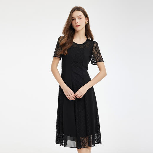 PF885斯尔丽2024新款蕾丝竖条拼接雪纺显瘦收腰放摆法式浪漫通勤连衣裙 商品图0