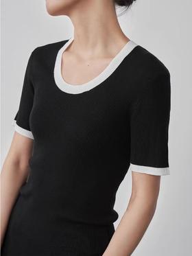 醋酸天丝桑蚕丝U领撞色短袖 针织T恤 修长的H版型 符合人体曲线 基础百搭 演绎张弛有度的曲线之美JZ2415