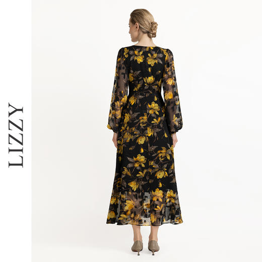 LIZZY 优雅浪漫印花V领灯笼长袖高腰大摆设计感连衣裙7919 商品图3