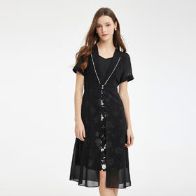 PF867斯尔丽2024新款假两件式V型出芽拼接印花显瘦显高时尚减龄连衣裙