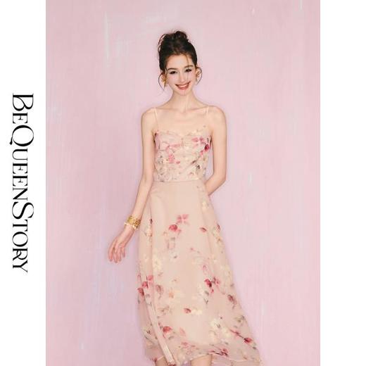 BeQueenStory【盛夏繁音】优雅复古气质收腰显瘦带胸垫吊带印花裙 商品图0