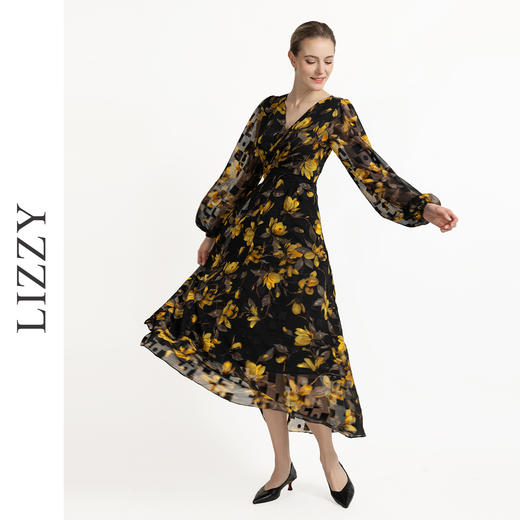 LIZZY 优雅浪漫印花V领灯笼长袖高腰大摆设计感连衣裙7919 商品图1