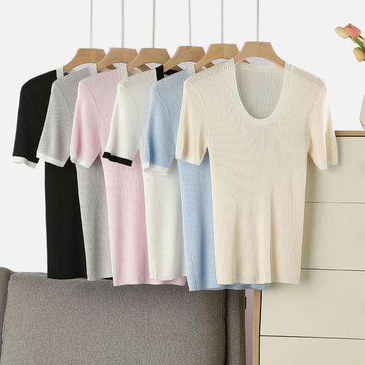 醋酸天丝桑蚕丝U领撞色短袖 针织T恤 修长的H版型 符合人体曲线 基础百搭 演绎张弛有度的曲线之美JZ2415 商品图4